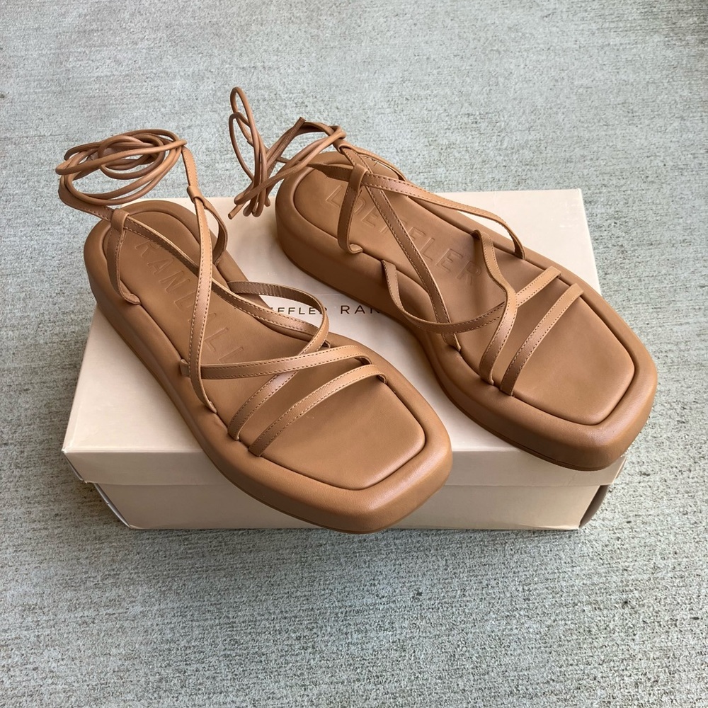Loeffler Randall Beau Leather Flatform Ankle Wrap Sandal, Brown, size 8